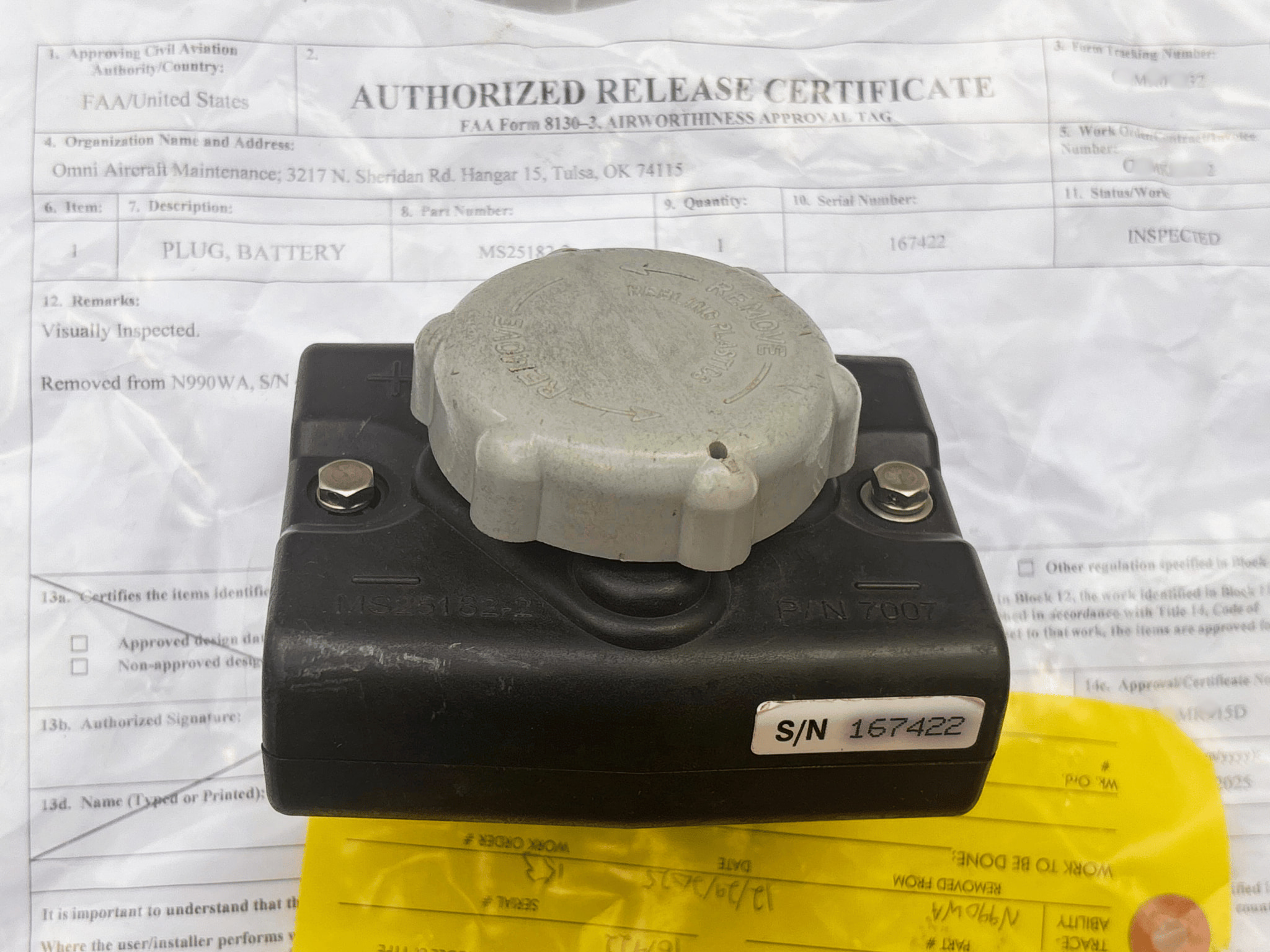 P/N: 7007 (Alt: MS25182-2) Aircraft Battery Connector Plug — Removed from Learjet 45 — W/ 8130 - Image 5